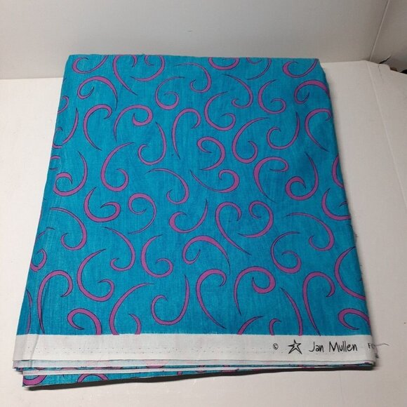 Cotton Sewing Fabric Blue with Whimsical Pink Curly Swirls Fashion Crafts 2 yds - Picture 4 of 4